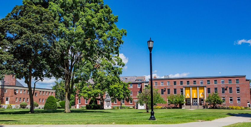 Beautiful Green Campus Quad with Yellow AIC Banners